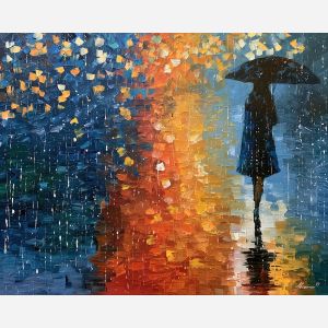 mirror contour, slips starcloth, mirror contour slips starcloth art, palette knife art, thick brush strokes, rain figure art, faceless portrait, minimal detail art, afremov inspired, mysterious wall art