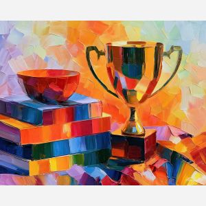 bright trophy, kindles inkwater, bright trophy kindles inkwater art, palette knife art, thick brush strokes, bright wall decor, gallery wall art, minimal detail art, afremov inspired, colorful home art