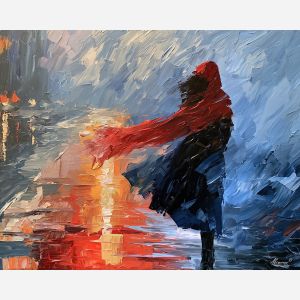 scarf figure, hides sunmirror, scarf figure hides sunmirror art, palette knife art, thick brush strokes, rain figure art, faceless portrait, minimal detail art, afremov inspired, mysterious wall art