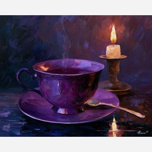 violet teacup, etches rainlight, violet teacup etches rainlight art, gothic kitchen art, witchy still life, dark cottage decor, palette knife art, thick brush strokes, moody wall art, candlelit painting