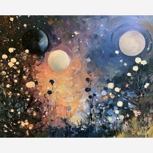 eclipse orchard, nests silverbloom, eclipse orchard nests silverbloom art, starry wall art, fantasy garden art, textured oil painting, celestial wall art, moon garden art, whimsical painting, palette knife art
