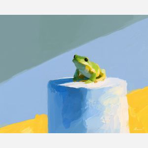 glass frog, presses moonglass, glass frog presses moonglass art, dopamine decor art, quirky still life, playful object art, palette knife art, thick brush strokes, bright wall decor, gallery wall art