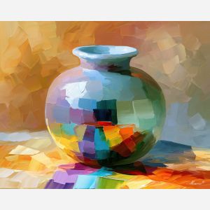 ceramic vase, clears moonglass, ceramic vase clears moonglass art, dopamine decor art, quirky still life, playful object art, palette knife art, thick brush strokes, bright wall decor, gallery wall art