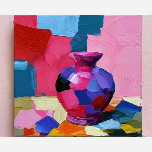 tiny vase, calls violetwake, tiny vase calls violetwake art, dopamine decor art, quirky still life, playful object art, palette knife art, thick brush strokes, bright wall decor, gallery wall art