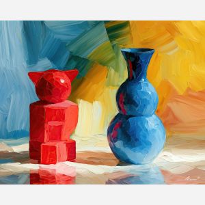 toy vase, etches blueember, toy vase etches blueember art, colorful home art, textured oil painting, whimsical decor, dopamine decor art, quirky still life, playful object art, palette knife art