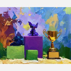 tiny trophy, paints silkthunder, tiny trophy paints silkthunder art, dopamine decor art, quirky still life, playful object art, palette knife art, thick brush strokes, bright wall decor, gallery wall art