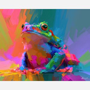 neon frog, softens opaldusk, neon frog softens opaldusk art, gallery wall art, minimal detail art, afremov inspired, colorful home art, textured oil painting, whimsical decor, dopamine decor art