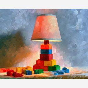 toy lamp, slips inkwater, toy lamp slips inkwater art, colorful home art, textured oil painting, whimsical decor, dopamine decor art, quirky still life, playful object art, palette knife art