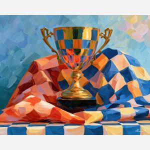 checkered trophy, folds opaldusk, checkered trophy folds opaldusk art, colorful home art, textured oil painting, whimsical decor, dopamine decor art, quirky still life, playful object art, palette knife art