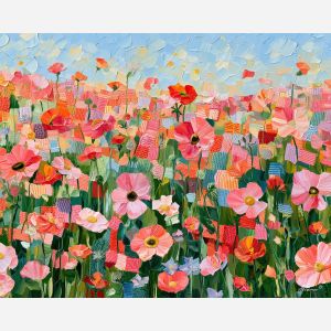 crochet meadow, coralglow stitch, crochet meadow coralglow art, palette knife art, thick brush strokes, textile landscape, bright wall decor, minimal detail art, afremov inspired, handmade style art