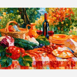 picnic buttersky, tomato garden, picnic of buttersky art, cabbage crush art, garden kitchen art, vegetable still life, palette knife art, thick brush strokes, bright kitchen decor, food wall art