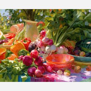 radish rainbowhush, picnic garden, radish rainbowhush picnic art, colorful still life, summer kitchen art, textured oil art, cabbage crush art, garden kitchen art, vegetable still life, palette knife art