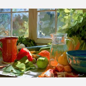 greenapple window, sunripple garden, greenapple window sunripple art, food wall art, minimal detail art, afremov inspired, colorful still life, summer kitchen art, textured oil art, cabbage crush art