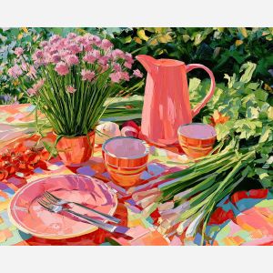 chive garden, coralsky table, chive garden coralsky art, cabbage crush art, garden kitchen art, vegetable still life, palette knife art, thick brush strokes, bright kitchen decor, food wall art
