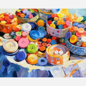 button table, sorbetlight whimsical, button table sorbetlight art, palette knife art, thick brush strokes, dopamine decor art, bright wall decor, minimal detail art, afremov inspired, colorful home art