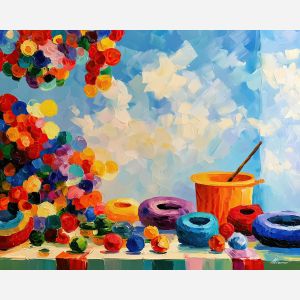 craft skyconfetti, corner whimsical, craft skyconfetti corner art, whimsical hobby art, craft table art, playful still life, palette knife art, thick brush strokes, dopamine decor art, bright wall decor