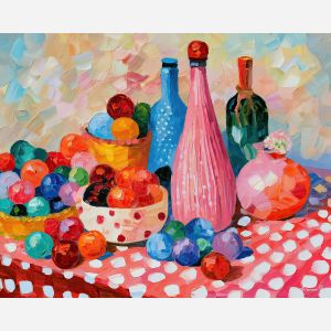 polkadot table, coralglow whimsical, polkadot table coralglow art, whimsical hobby art, craft table art, playful still life, palette knife art, thick brush strokes, dopamine decor art, bright wall decor
