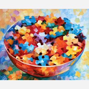 puzzle bowl, rosewind whimsical, puzzle bowl rosewind art, whimsical hobby art, craft table art, playful still life, palette knife art, thick brush strokes, dopamine decor art, bright wall decor