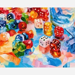 dice table, summerglass whimsical, dice table summerglass art, colorful home art, hobby room art, textured oil art, whimsical hobby art, craft table art, playful still life, palette knife art