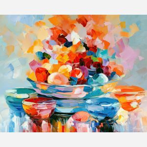 craft bowl, coralsky whimsical, craft bowl coralsky art, palette knife art, thick brush strokes, dopamine decor art, bright wall decor, minimal detail art, afremov inspired, colorful home art