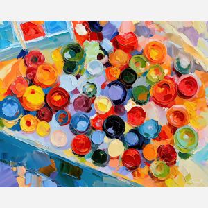 paintbox table, meadowlight whimsical, paintbox table meadowlight art, whimsical hobby art, craft table art, playful still life, palette knife art, thick brush strokes, dopamine decor art, bright wall decor