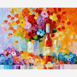 beaded table, floralight whimsical, beaded table floralight art, whimsical hobby art, craft table art, playful still life, palette knife art, thick brush strokes, dopamine decor art, bright wall decor