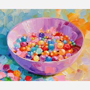 beaded bowl, sunnylilac whimsical, beaded bowl sunnylilac art, whimsical hobby art, craft table art, playful still life, palette knife art, thick brush strokes, dopamine decor art, bright wall decor