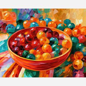 mahjong bowl, aquahoney whimsical, mahjong bowl aquahoney art, colorful home art, hobby room art, textured oil art, whimsical hobby art, craft table art, playful still life, palette knife art