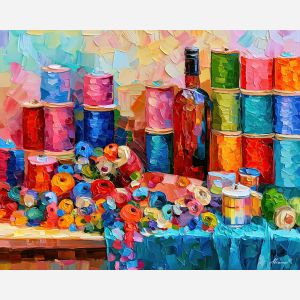 thread table, mintglow whimsical, thread table at mintglow art, whimsical hobby art, craft table art, playful still life, palette knife art, thick brush strokes, dopamine decor art, bright wall decor