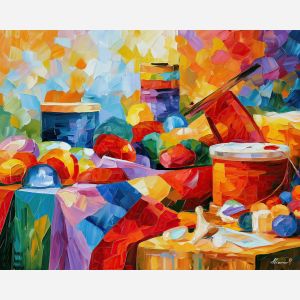 thread corner, pearlday whimsical, thread corner pearlday art, colorful home art, hobby room art, textured oil art, whimsical hobby art, craft table art, playful still life, palette knife art