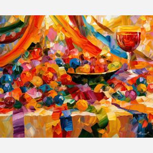 table ribbon, sunripple whimsical, table under ribbon sunripple art, palette knife art, thick brush strokes, dopamine decor art, bright wall decor, minimal detail art, afremov inspired, colorful home art