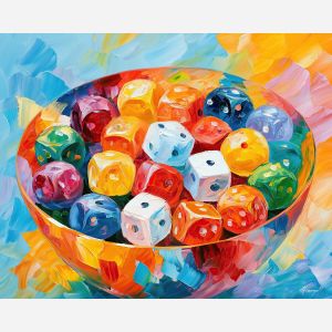 dice bowl, candysky whimsical, dice bowl candysky art, bright wall decor, minimal detail art, afremov inspired, colorful home art, hobby room art, textured oil art, whimsical hobby art