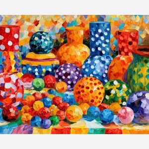 polkadot corner, rosewind whimsical, polkadot corner rosewind art, colorful home art, hobby room art, textured oil art, whimsical hobby art, craft table art, playful still life, palette knife art