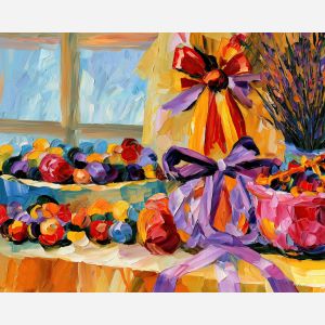 ribbon corner, lavenderday whimsical, ribbon corner lavenderday art, whimsical hobby art, craft table art, playful still life, palette knife art, thick brush strokes, dopamine decor art, bright wall decor