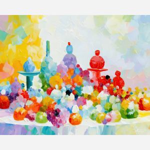 craft table, aquabloom whimsical, craft table aquabloom art, bright wall decor, minimal detail art, afremov inspired, colorful home art, hobby room art, textured oil art, whimsical hobby art