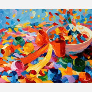 ribbon bowl, skyconfetti whimsical, ribbon bowl in skyconfetti art, whimsical hobby art, craft table art, playful still life, palette knife art, thick brush strokes, dopamine decor art, bright wall decor