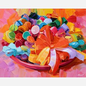 ribbon tray, coralsky whimsical, ribbon tray coralsky art, whimsical hobby art, craft table art, playful still life, palette knife art, thick brush strokes, dopamine decor art, bright wall decor