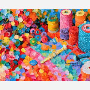 beaded mat, berrybreeze whimsical, beaded mat at berrybreeze art, whimsical hobby art, craft table art, playful still life, palette knife art, thick brush strokes, dopamine decor art, bright wall decor