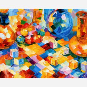 corner dice, candysky whimsical, corner under dice candysky art, palette knife art, thick brush strokes, dopamine decor art, bright wall decor, minimal detail art, afremov inspired, colorful home art