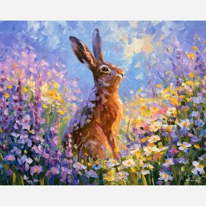 wildflower hare, lavenderbreeze wilderkind, wildflower hare at lavenderbreeze art, colorful animal art, nature wall decor, textured oil art, wilderkind art, animal wall art, meadow painting, palette knife art