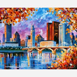 skyline skybridge, meadowlight cityscape, skyline skybridge meadowlight art, riverfront painting, minimal detail art, afremov inspired, architectural decor, textured oil art, skyline painting, city skyline art
