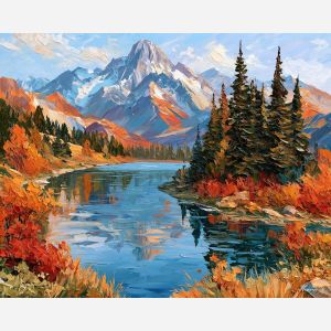 meadow pine, mangoair mountain, meadow pine mangoair art, mountain decor, textured oil art, lake painting, mountain lake art, alpine painting, bright landscape, palette knife art