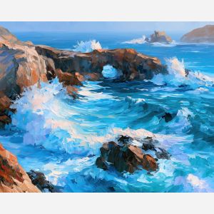 aqua tidepool, sunspray cliffside, aqua tidepool sunspray art, tidepool art, cliffside seascape, coastal painting, palette knife art, thick brush strokes, rock arch art, ocean wall decor
