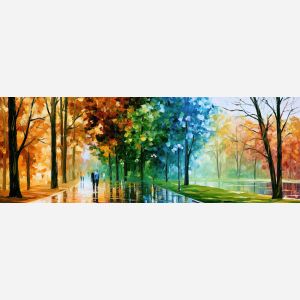 golden thaw common, dual season art, changing seasons, city park painting, late-summer park common, spring thaw park common, palette knife art, thick brush strokes, pond walkway, textured oil painting