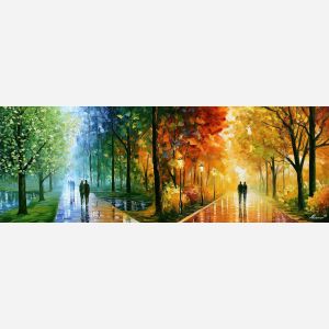 spring gold garden, dual season art, changing seasons, city park painting, spring green city garden, late-summer gold city garden, palette knife art, thick brush strokes, pond walkway, textured oil painting