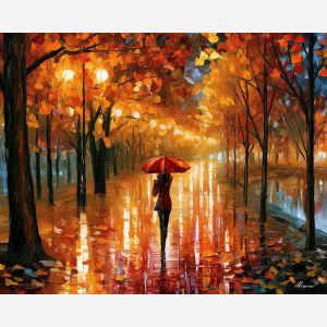 autumn stroll, night park painting, autumn rain art, walking figure art, palette knife art, bright wall art, park reflections, leonid afremov style, textured oil painting, foreground subject