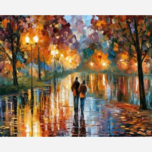 the pond at night, night park painting, autumn rain art, walking couple art, palette knife art, bright wall art, park reflections, leonid afremov style, textured oil painting, foreground subject