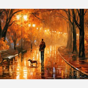 golden puddles, night park painting, autumn rain art, walking figure art, palette knife art, bright wall art, park reflections, leonid afremov style, textured oil painting, foreground subject