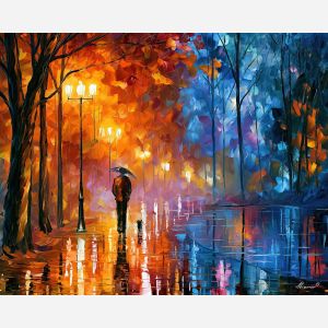 bright rainfall, night park painting, autumn rain art, walking figure art, palette knife art, bright wall art, park reflections, leonid afremov style, textured oil painting, foreground subject