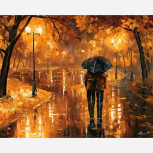 shared umbrella, night park painting, autumn rain art, walking couple art, palette knife art, bright wall art, park reflections, leonid afremov style, textured oil painting, foreground subject